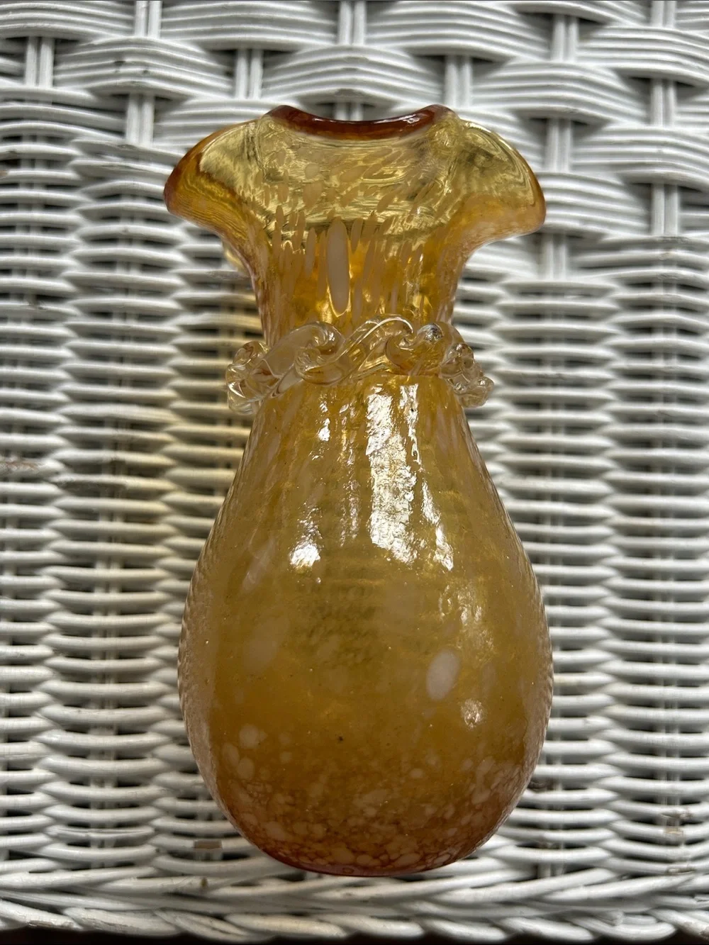 Vintage Art Glass Ruffled Handkerchief rim Vase in Amber Gold and White Speckles